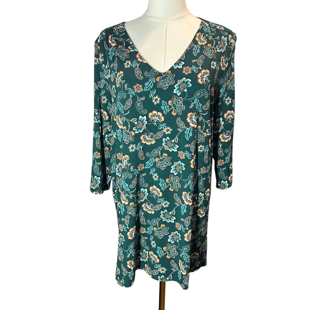 J. Jill Wearever Top Tunic Green Floral Paisley SZ Med Jersey Cottage Core Fairy